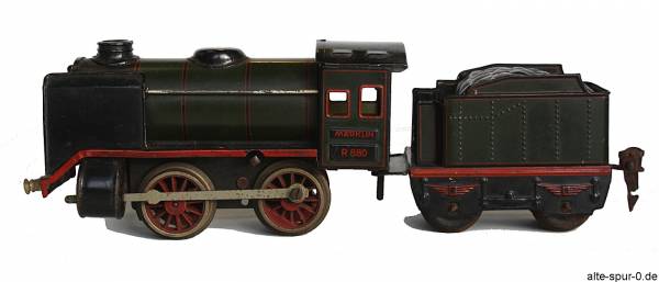 Märklin R 880, Dampflokomotive, Uhrwerk, 2-achsig, olivgrün, mit 2-achsigem, olivgrünem Tender