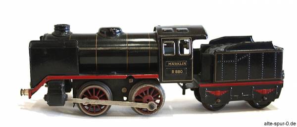 Märklin R 880, Dampflokomotive, Uhrwerk, 2-achsig, schwarz, mit 2-achsigem, schwarzem Tender