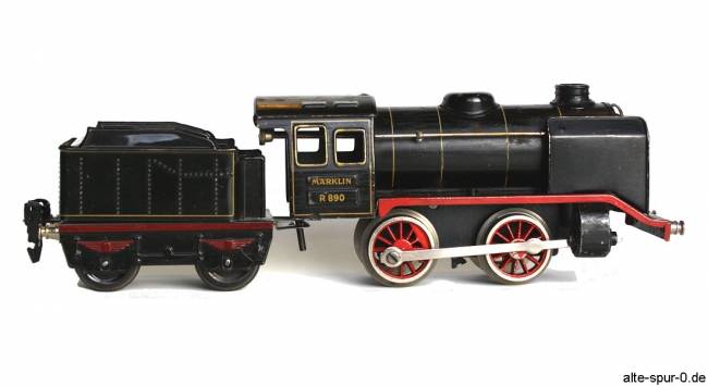 Märklin R 890, Dampflokomotive, Uhrwerk, 2-achsig, schwarz, mit 2-achsigem, schwarzem Tender