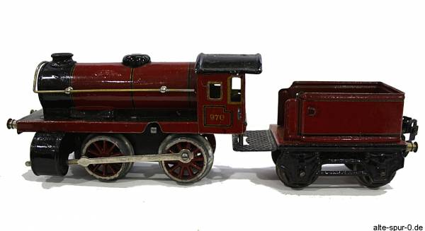 Märklin R 970, Dampflokomotive, Uhrwerk, 2-achsig, rot, mit 2-achsigem, rotem Tender