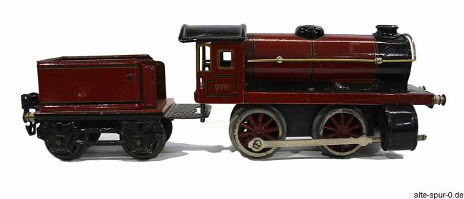 Märklin R 970, Dampflokomotive, Uhrwerk, 2-achsig, rot, mit 2-achsigem, rotem Tender