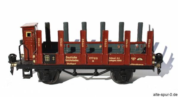 Märklin  17720, Niederbordwagen, 2-achsig, offen, rotbraun, Rungenwagen, mit Bremserhäuschen