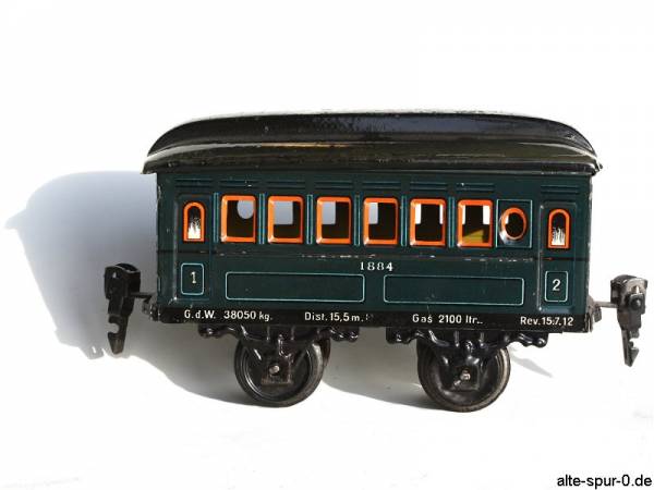 Märklin Personenwagen, 2-achsig, blaugrün, Schriftzug der Wagennummer mittig, alte Spur 0