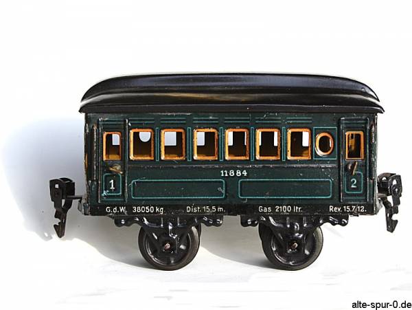 Märklin Personenwagen, 2-achsig, blaugrün, Schriftzug der Wagennummer mittig, alte Spur 0